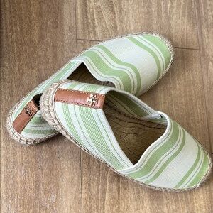 Tory Burch Green Beige Striped Espadrille Flats Shoes Size 7